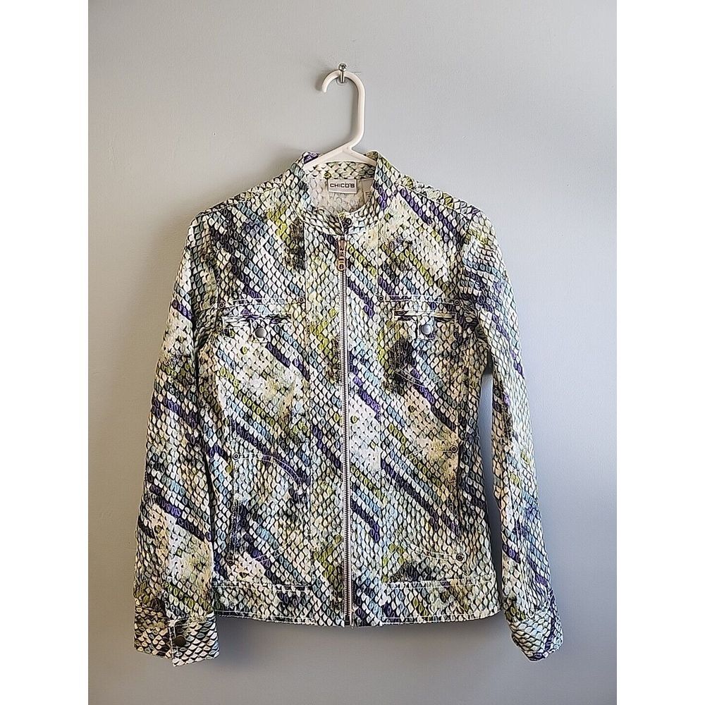 Chicos Womens S 0 Snake Print Zip Denim‎ Moto Jacket W Gold Sparkle Throughout